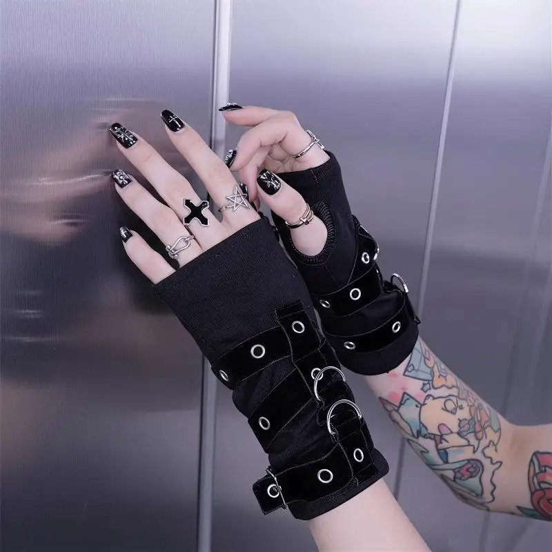 Black Punk Fingerless Gloves With Silver Studs Adjustable Buckle For Halloween Cosplay Rock Party