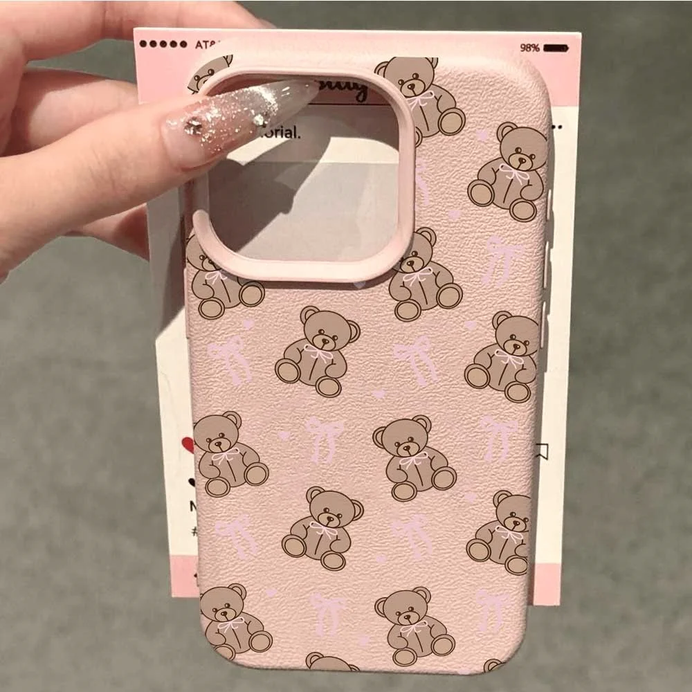 Niedliche Teddybär-Handyhülle mit rosa Schleife für iPhone 17 16 15 14 13 12 11 Pro Max 16 15 Plus XR, Silikon, matt, weich, stoßfest – Detail 2