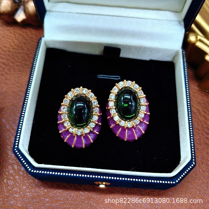 needle retro purple enamel inlaid with glass earrings French elegant temperament earrings wholesale in the middle ages.