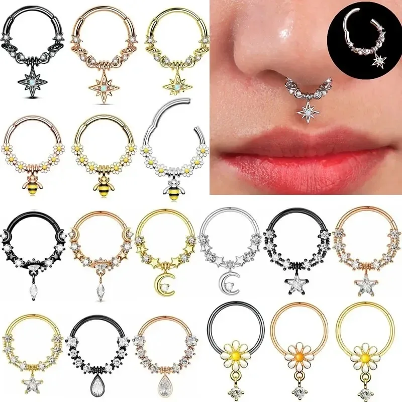 Fashion Crystal Stainless Steel Septum Hoop Clickers Nose Ring Women Tragus Cartilage Helix Piercing Hoop Earrings Jewelry