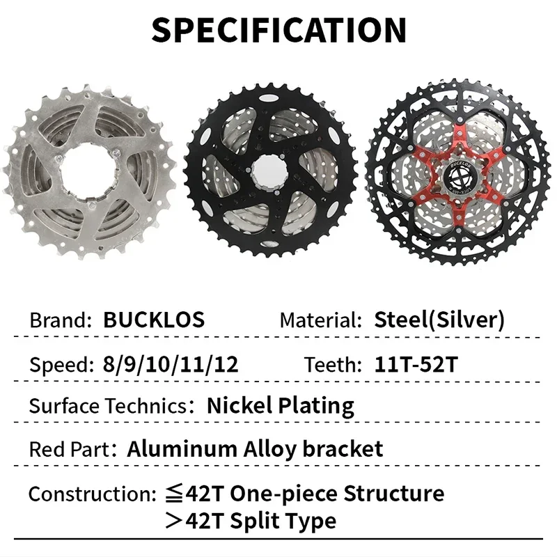 BUCKLOS Bicycle Cassette 8/9/10/11/12S Cassette Sprocke Freewheel for MTB 11-25T 11-46T 11-52 Teeth Freewheel for Shimano HG