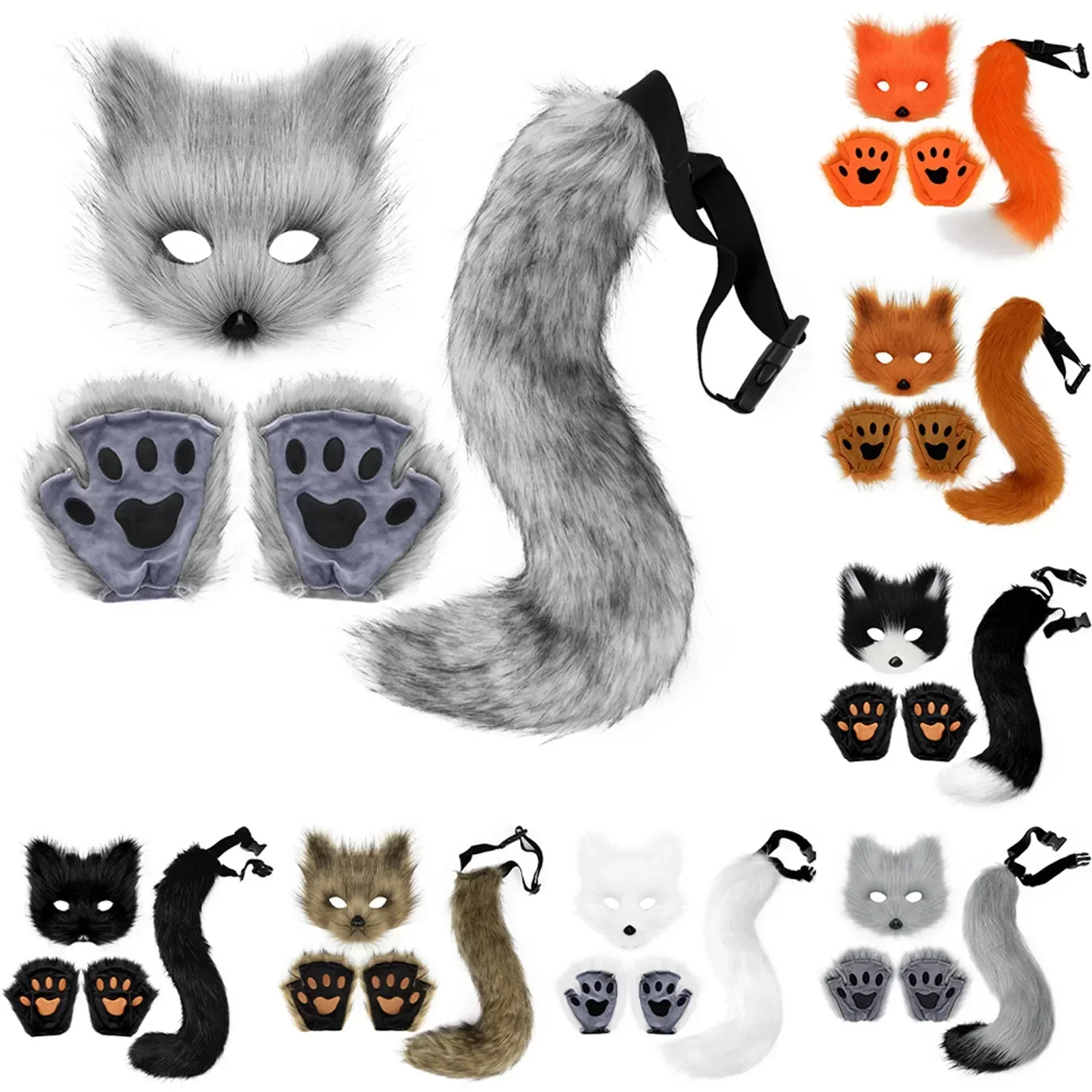 LLavero de cola de zorro de piel esponjosa, guantes con patas de gato y máscara de lobo Therian, conjunto para accesorios de disfraz de Halloween