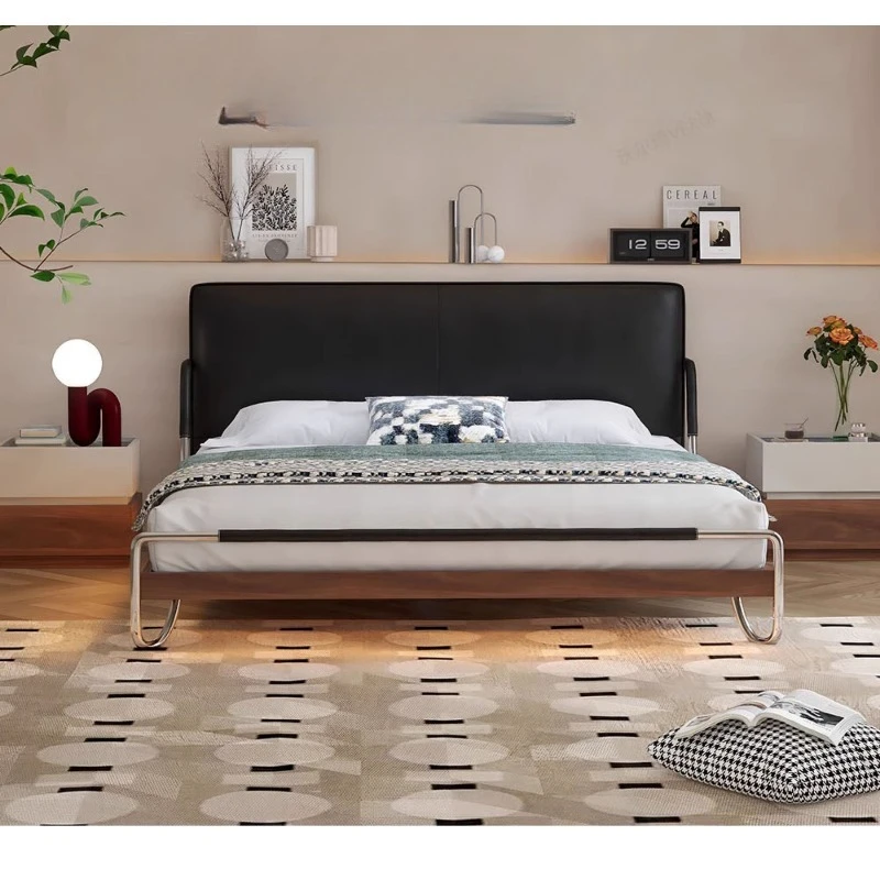 

Medieval leather bed Modern master bedroom Thin bedside double bed Retro extremely simple solid wood Bauhaus bed