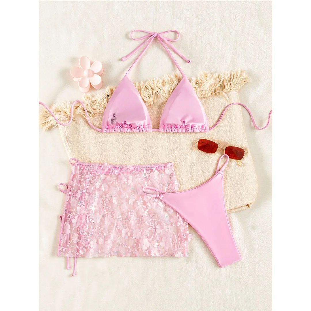 S - XL Dreiteiliges Bikini-Set mit Rock, Blumen, Pailletten, Damen-Bikini, Badeanzug, Badebekleidung, Badeanzug, Schwimmbekleidung V7864 – Detail 6