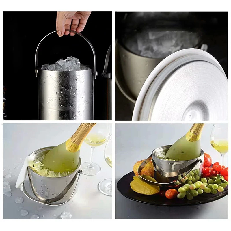 

304 2l Stainless Steel Ice Bucket Portable Double Wall Insulated With Lid Hotel Wine Champagne Whiskey Beverage Beer Tools