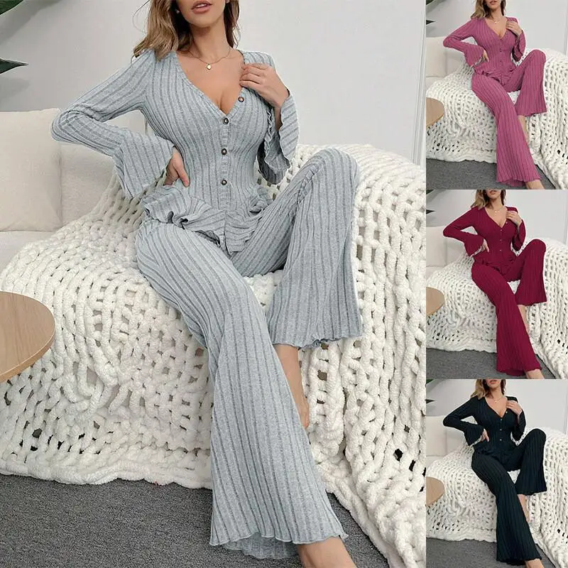 

Pajama Women Fluffy V Neck Long Sleeve Pants Set Ladies Homewear Sleepwear Loungewear Outfit Soft Warm Comfortable Cozy Winter
