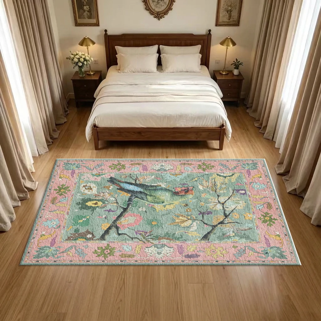 Vintage Floral Bird Pattern Decorative Pink and Green Border Carpet, Non-Slip and Washable Floor Rug Suitable for Bedroom Traditional Home Decor