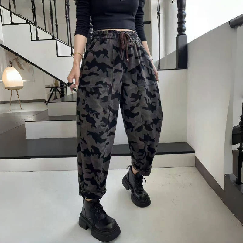 Women's Loose Fit Camouflage Print Elastic Denim Jeans High Waist Cotton Stretch Retro Sle Spring Autumn Seasonal Faion