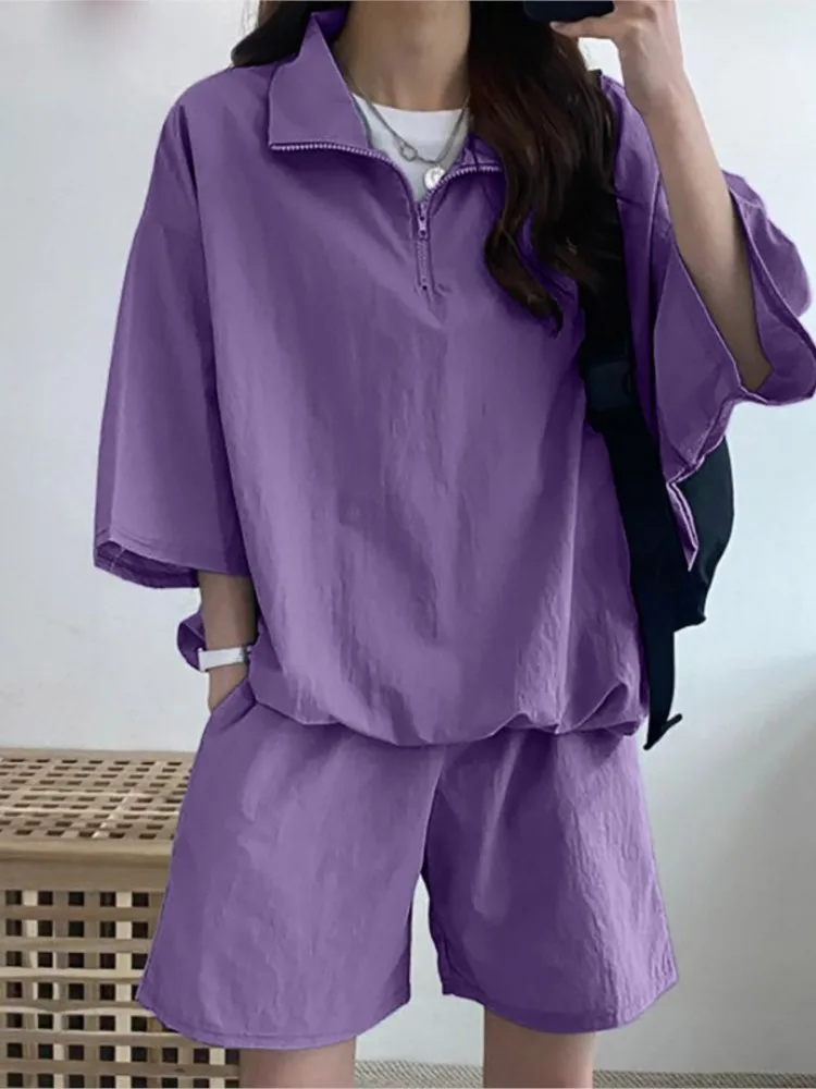Women Casual Solid Color Loose Short Pant Two Pieces Sets 2025 Spring Summer Zipper Collar Half Sleeves Shorts 2 Pieces Outfit