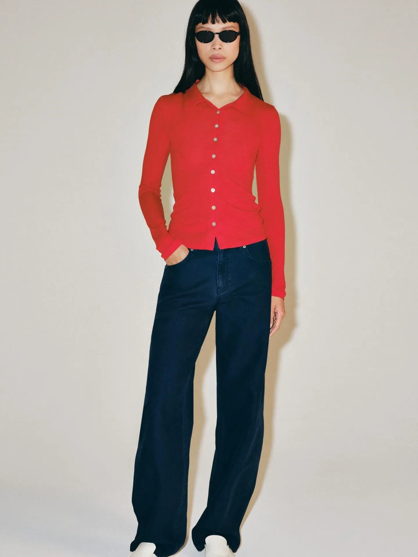 New Autumn Women's Long Sleeve Collared Button Straight Hem Top Color Block Polyester Fiber Open Cardigan Style Knitted Sweater