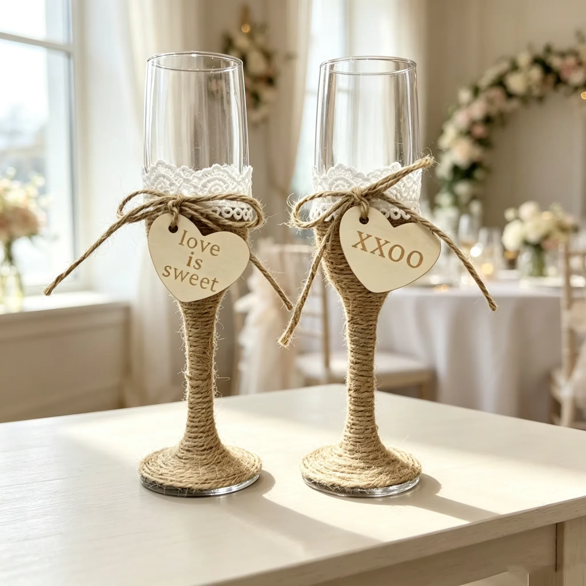 Set of 2 Rustic Wedding Champagne Flutes with Jute Twine Wrap, Lace Trim and Wooden Heart Tags