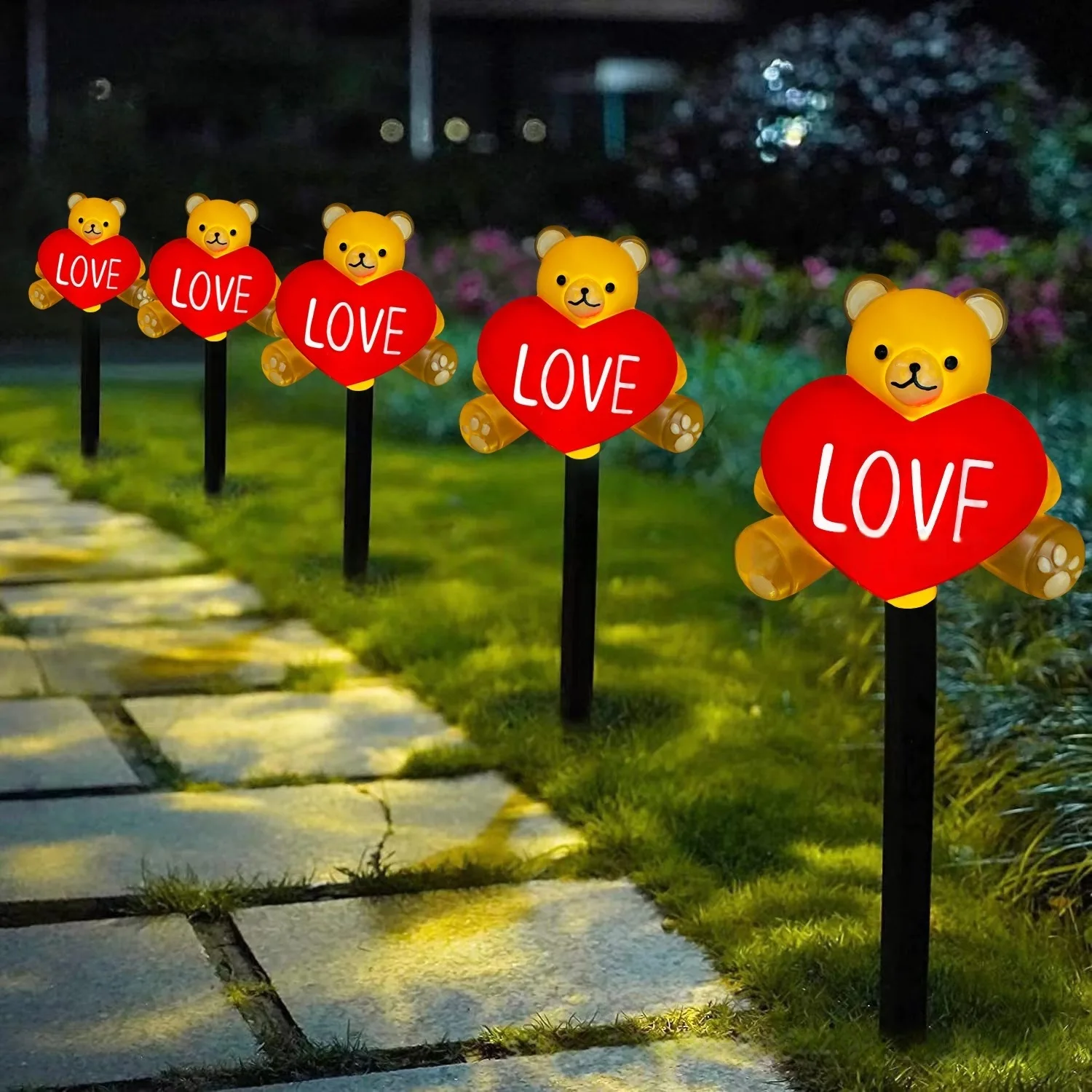 5Pcs/Set Valentine's Day Heart Pathway Lights Solar Powered Bear Love Garden Lights For Patio Holiday Party Decoration N017