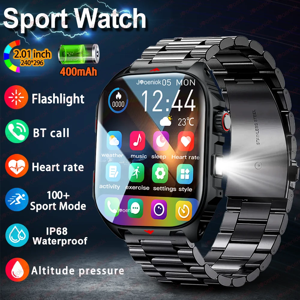 

New Smart Watch Men LED Flashlight 2.0" HD Screen 400mAh Large Battery Heart Rate Outdoor Sport Waterproof BT Call Smartwatch