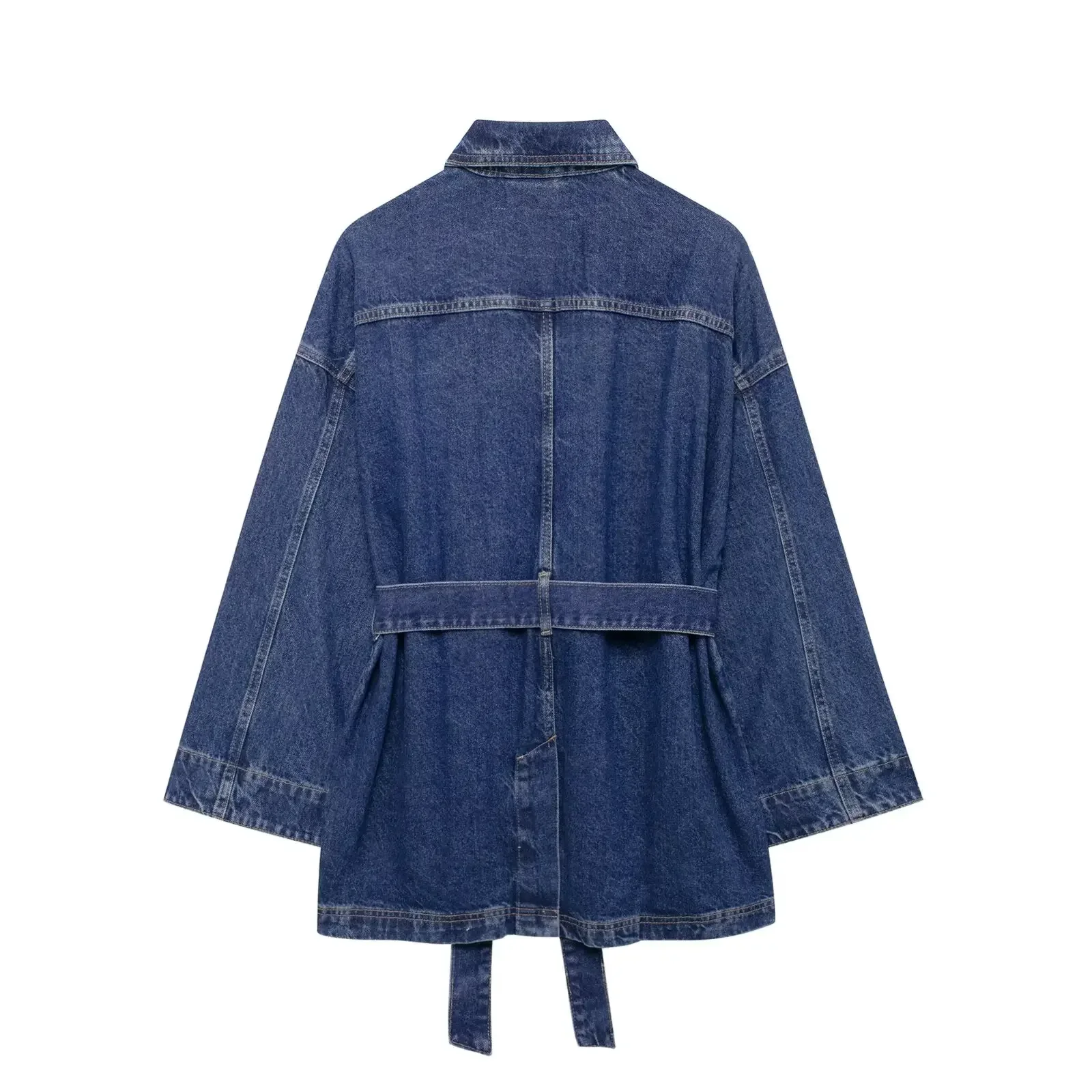 Women's 2024 new Fashion With belt loose single breasted lapel denim jacket coat retro long sleeved pocket women's coat chic top