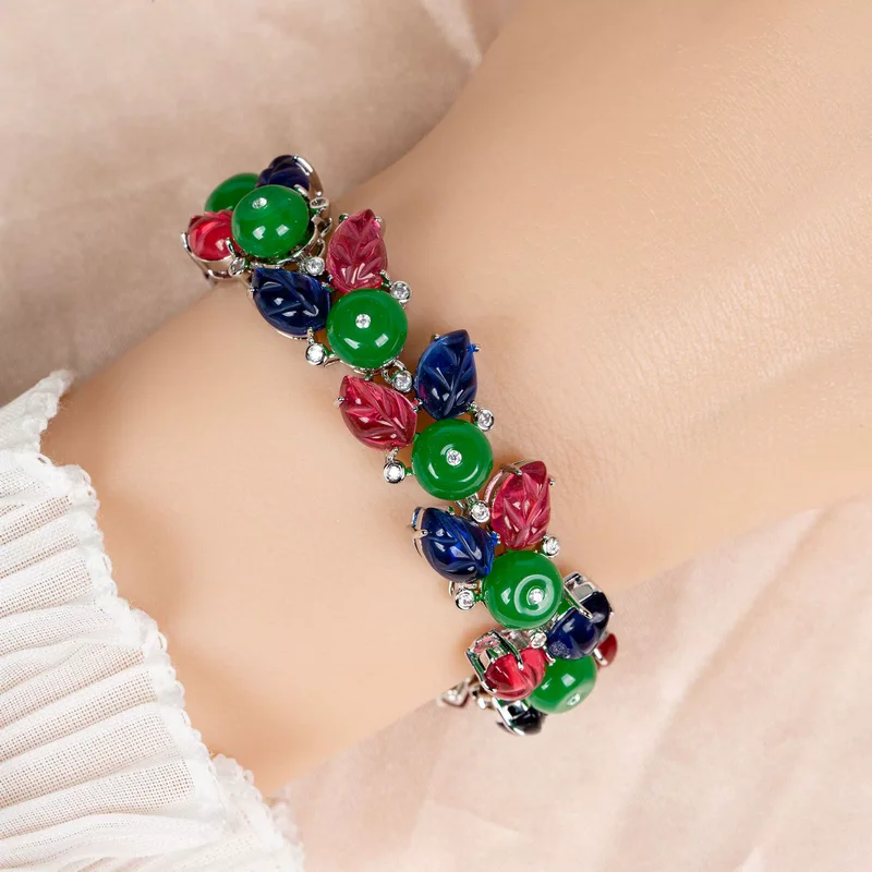 Designer Collection Style Bracelet Women Lady Inlaid Cubic Zircon Synthetic Ruby Sapphire Foliage Green Beads Chain Jewelry