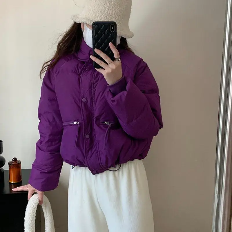 

Women's Puffer Jacket Duck down Short Bread Style Winter Coat Korean Version Small Size Warm Thick Long Sleeve Single Button