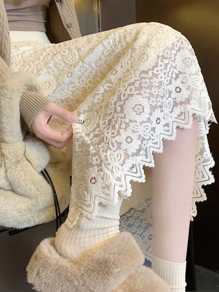 

Корейская юбка А-силуэта с вышивкой и кружевом, с завышенной талией, из смесового полиэстера, с асимметричным подолом, женская модная юбка для офиса