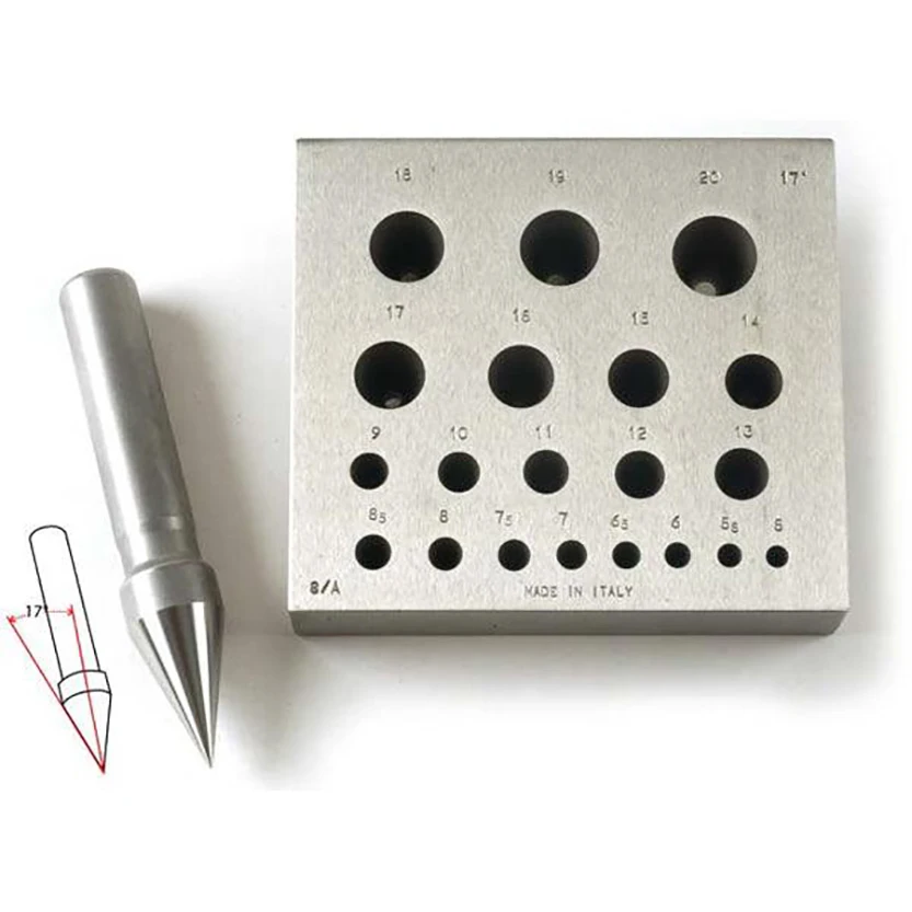 O.M.O 8/A Bezel Forming Block & Punch Set 17° Angle Round Tapered Holes 5-20mm Hardened Steel Block & Matching Punch for Jewelry