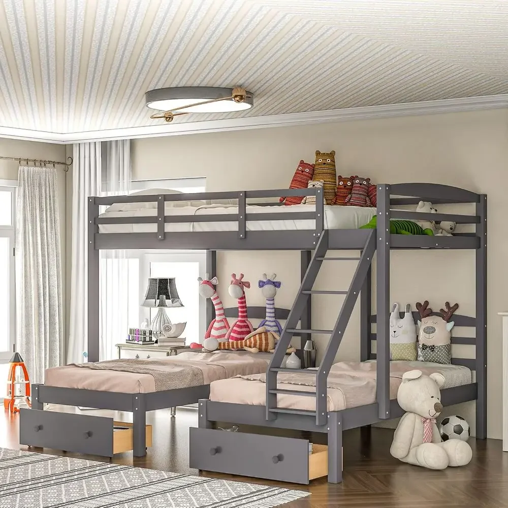 

Grey Wooden Triple Bunk Bed with Pull-Out Desks, Shelves, Guardrail, and Ladder, 99.4''L