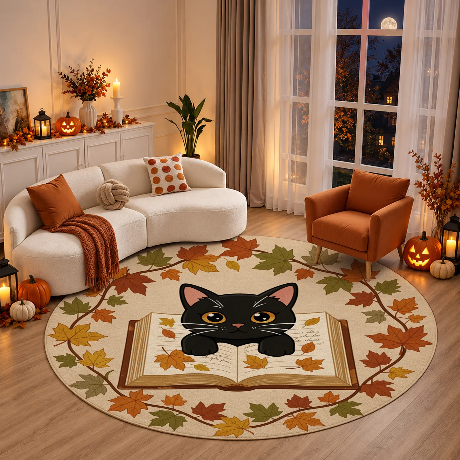 Autumn Maple Leaves Wreath Black Cat on Open Book Round Velvet Rug, Machine Washable Soft Floor Mat for Living Room Bedroom Entryway Halloween Thanksgiving Christmas New Year Black Friday Cyber Monday Home Decor