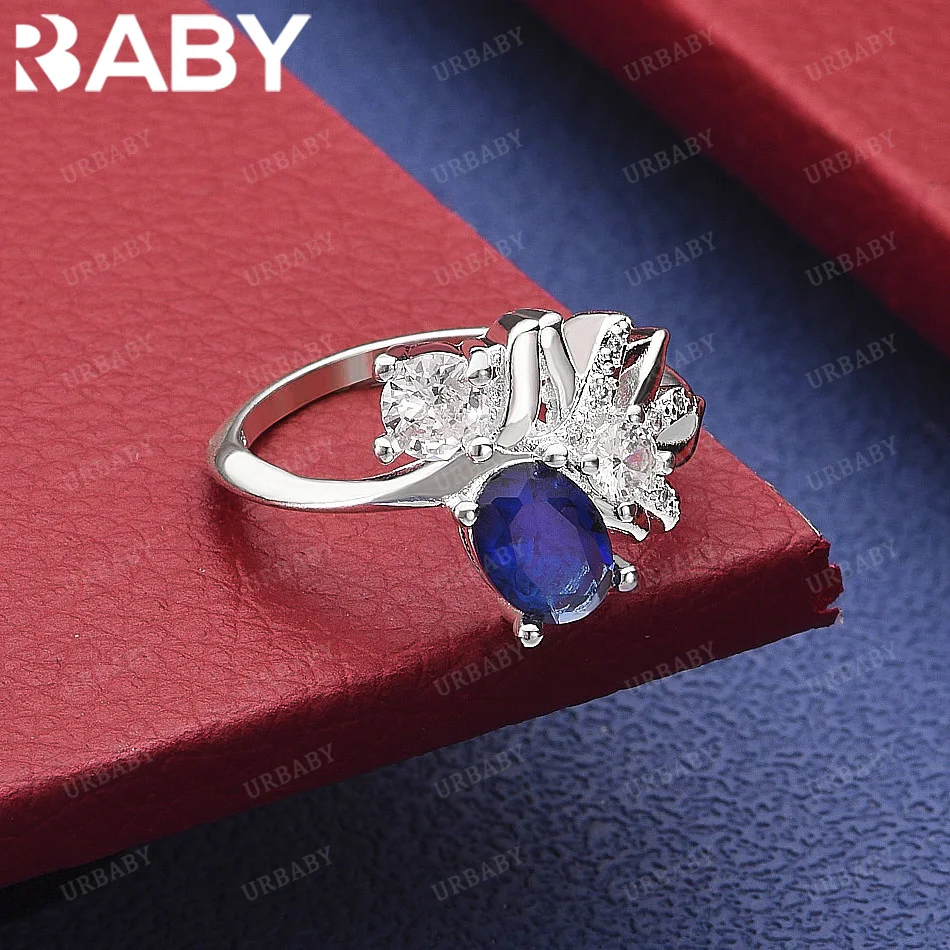 

URBABY 925 Sterling Silver Size 7-10 Blue Zircon Ring For Women Men Fashion Jewelry Charm Grace Wedding Engagement Accessories