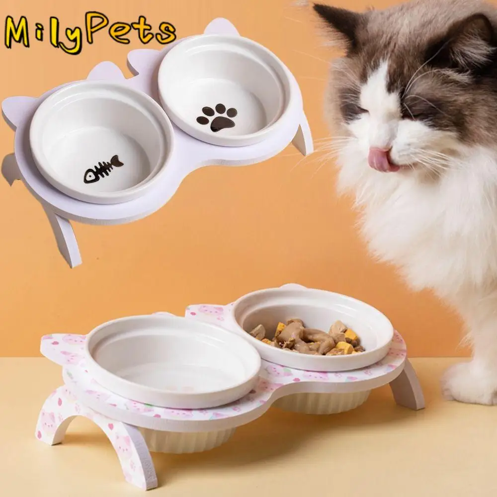 

Double Bowl Ceramic Cat Bowl with Stand Cervical Protection Detachable Raised Pet Feeder Anti-vomiting Acrylic Bowl Holder