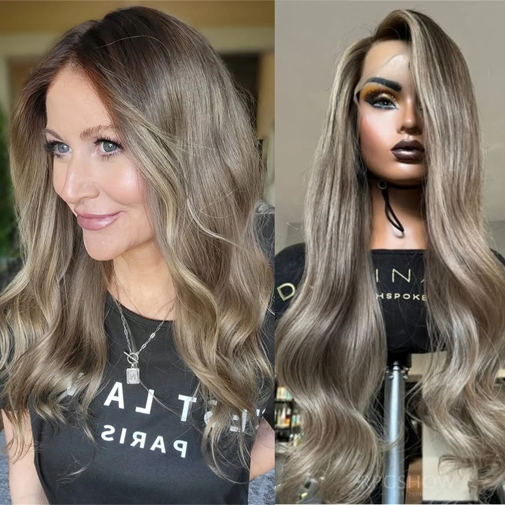13x4 Swiss Lace Front Wig Brown Brunette Highlights Synthetic HD Lace Wig Heat Resistant 26