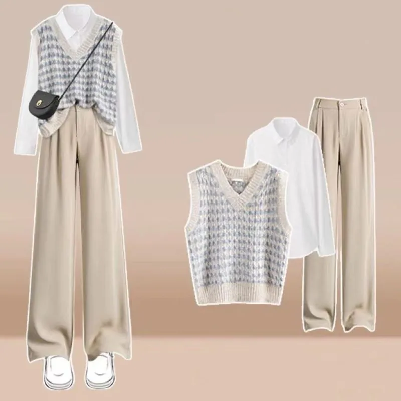 Women\'s 2024 Spring New Fashion Long Sleeve Shirt+Knitted Vest+Suit Pants Three Piece Korean Elegant Blouse Trouser Matching Set