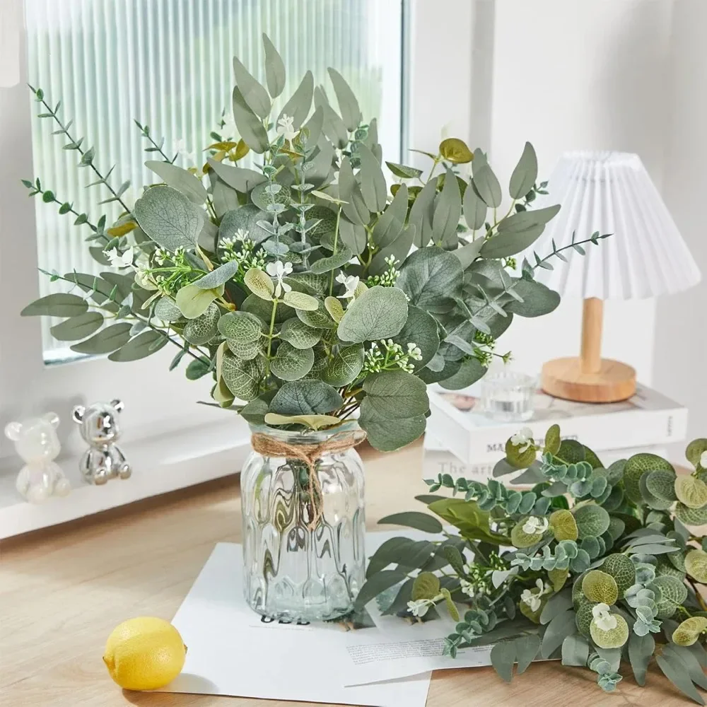 10pcs Eucalyptus Leaf Stems Green Artificial Plants Living Room Decor Bride Wedding Vases Flowers Bouquet Decor Artificial Plant