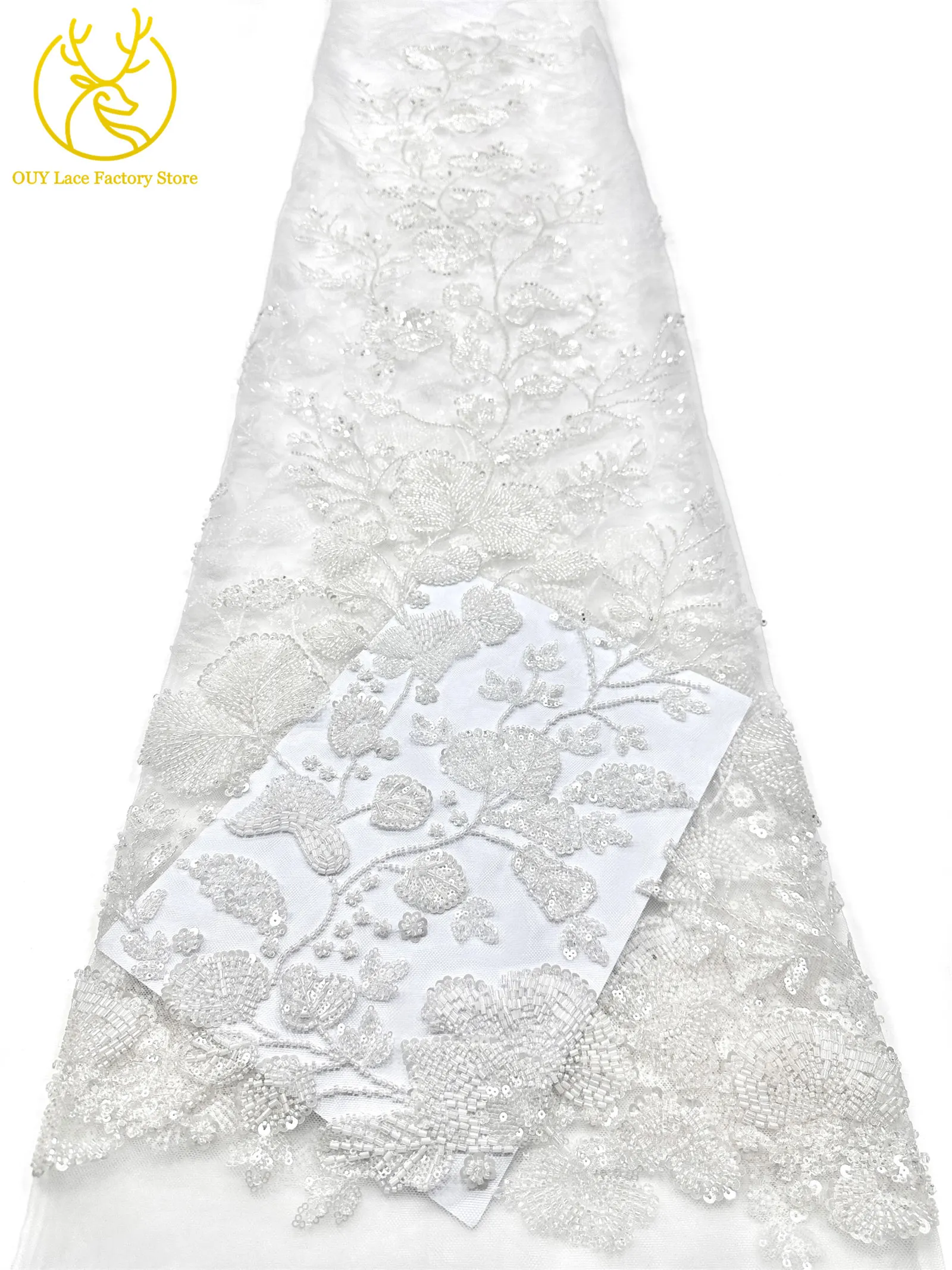 Exquisiter handgefertigter afrikanischer Spitzenstoff mit Perlen und Pailletten, 2026, modischer nigerianischer Tüll mit Blumenstickerei zum Nähen von Abendkleidern – Detail 28