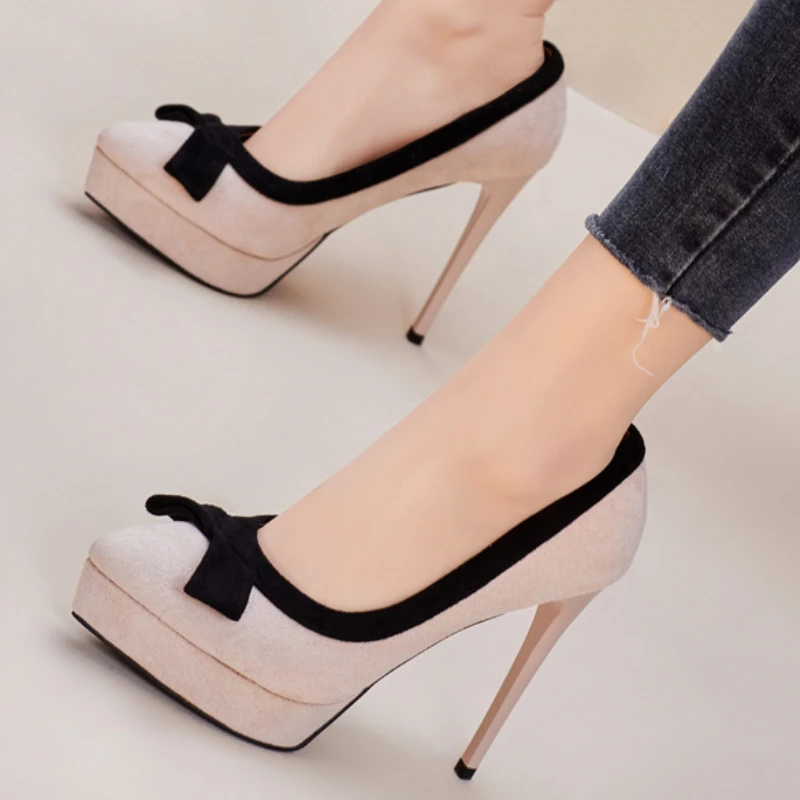 2025 Spring Autumn Suede Shoes for Woman Fashion High Heels 12cm Spike Heels Butterfly-Knot Apricot Platform Pumps Party Shoes