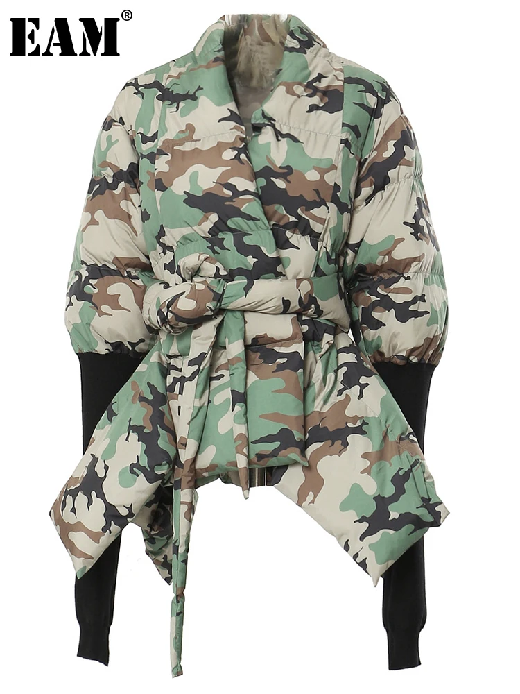 [EAM] Camouflage Knitting Irregular Cotton-padded Coat Long Sleeve Loose Fit Women Parkas Fashion New Autumn Winter 2024 7AB2058