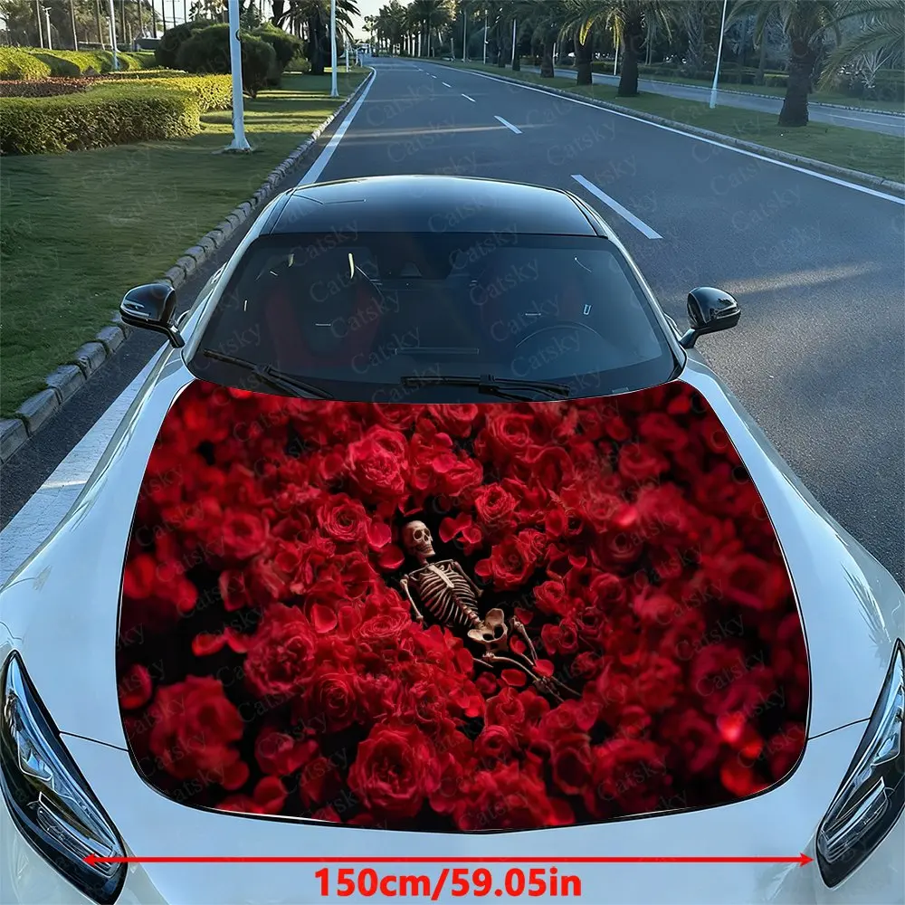 Roses Clustered Around Skeleton Car Vinyl Wrap, PVC Waterproof Car Hood Sticker, Self-Adhesive Scratch-Resistant Stickers