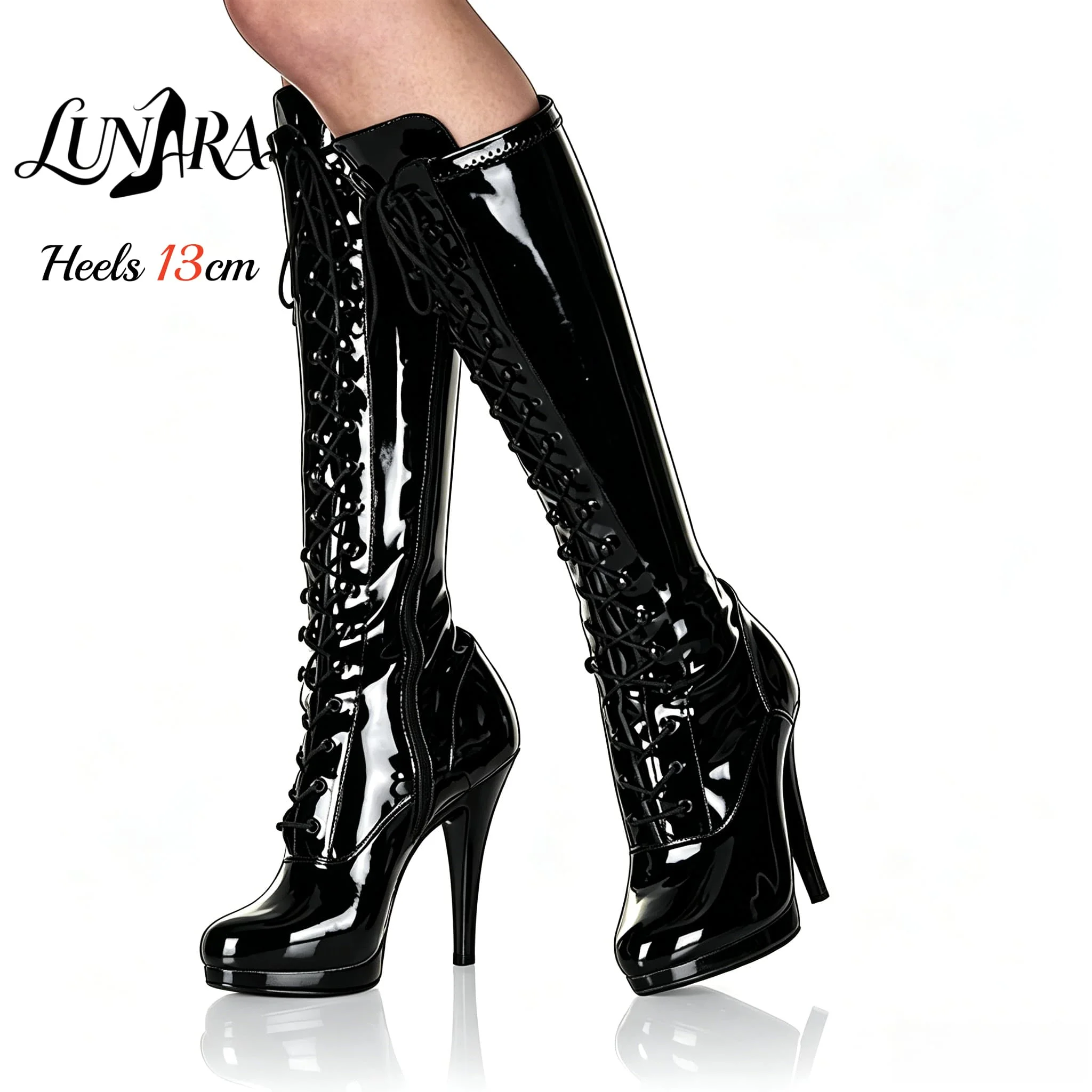 Damenstiefel, 13 cm/5 Zoll, schwarzes Lackleder, Schnürung, Reißverschluss, geschlossener Zehenbereich, Plateau-Stiletto, mittelhohe Stiefel, Stripper-Schuh, Pole-Dance, Club