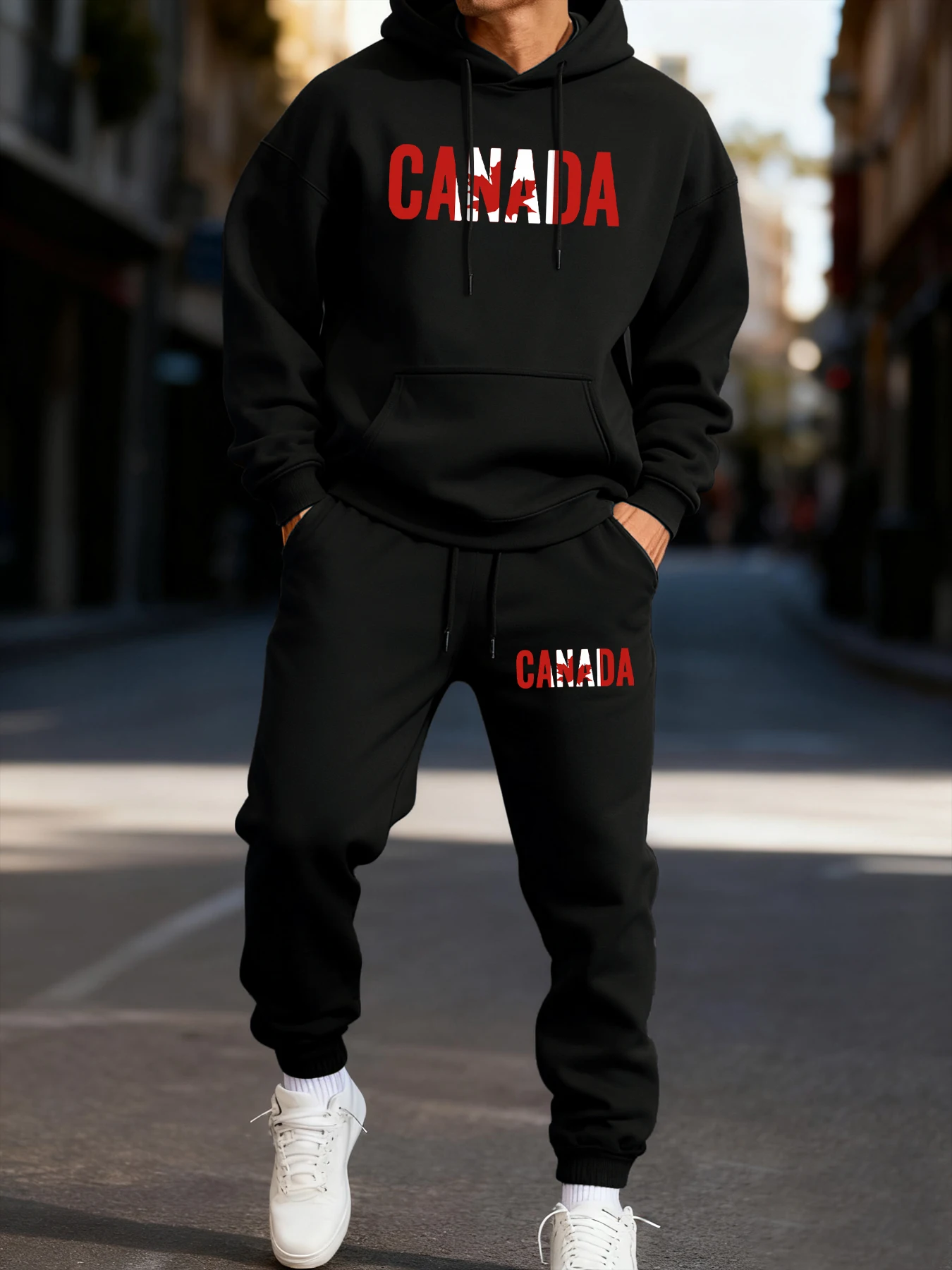 Canada Maple Leaf Printing Man'S Hoodie Set Fleece Autumn Two Pices Sets Casual Winter Sweatpants Sporty Pocket Clothing