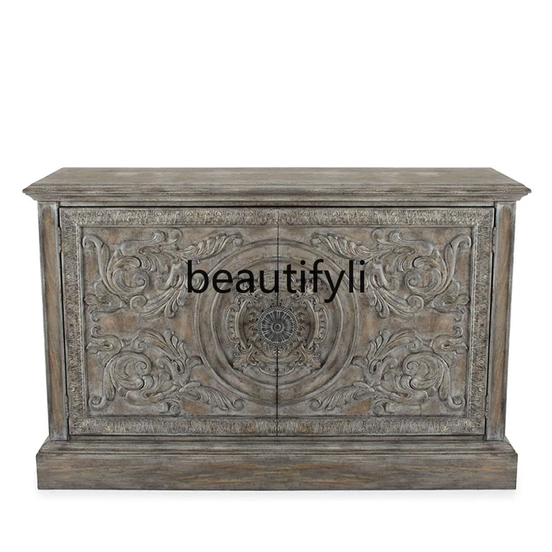 American rural all-solid wood relief side cabinet antique weathered gray, high-end porch cabinet