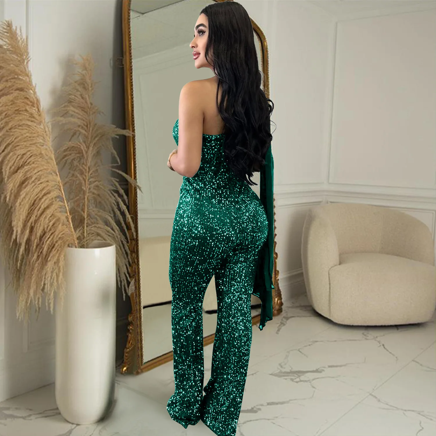 Elegant Sequined Glitter Jumpsuit for Women Sexy One Shoulder Patchwork Sheer Mesh Ribbon Skinny Night Club Party Romper Outfits