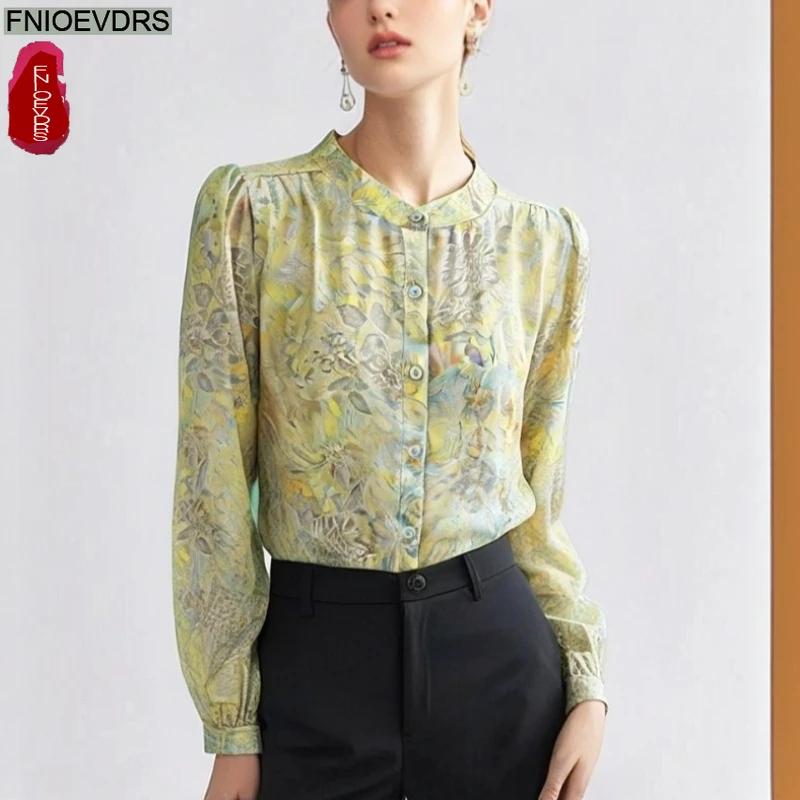 Bling Retro Vintage Stehkragen Tops Blusen Neujahr 2026 Frühling Frau Blumendruck Elegante Pendler Lady Button Basics Shirts