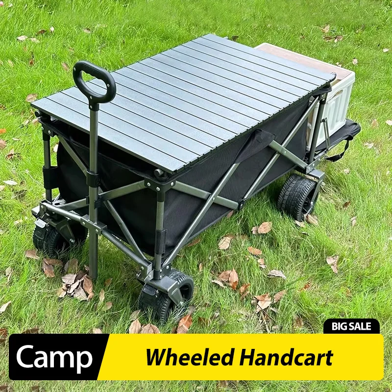 Liftable Tank Wheeled Handcart Foldable with Rear Door Hand Pushed Camping Trailer Trolley Camping and Picnic Vehicle 180L