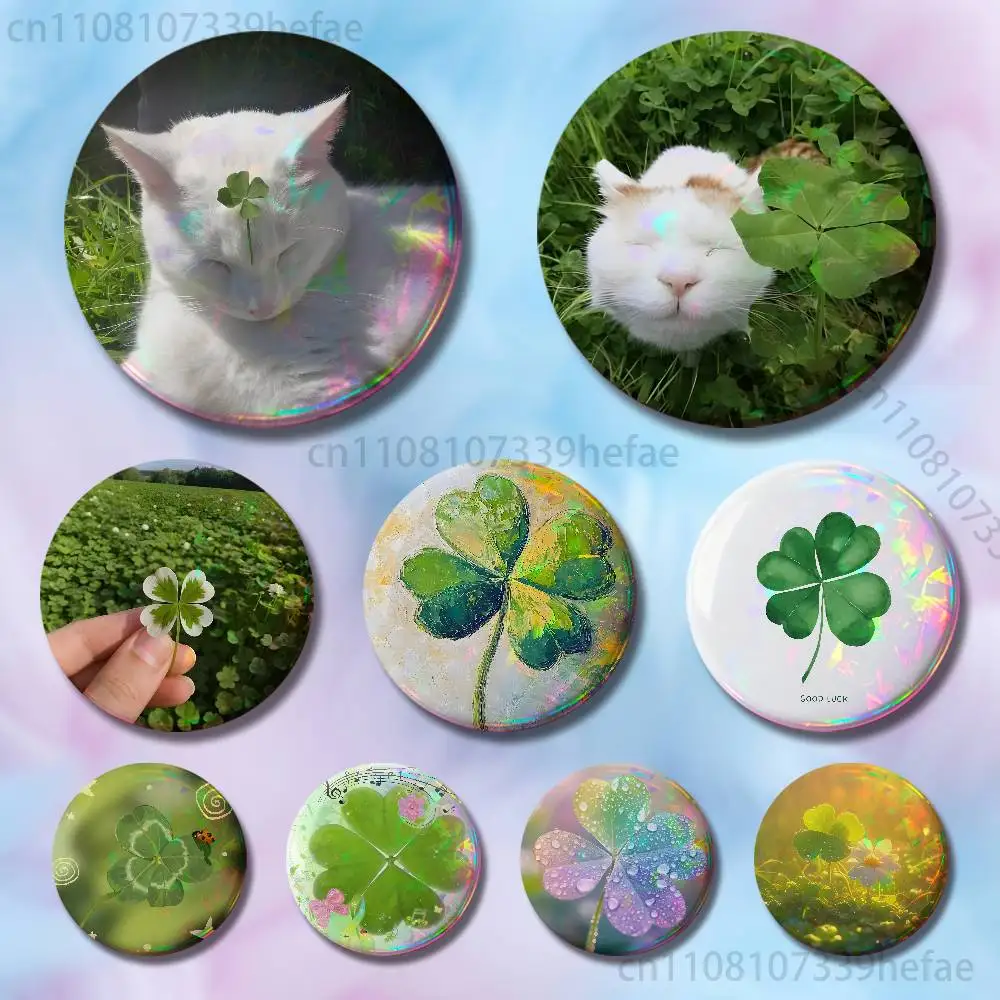 

Lucky Four Leaf Clover Insignia Badge Case For Decoration 44mm 32mm 58mm Round Tinplate Pin Brooch Gift