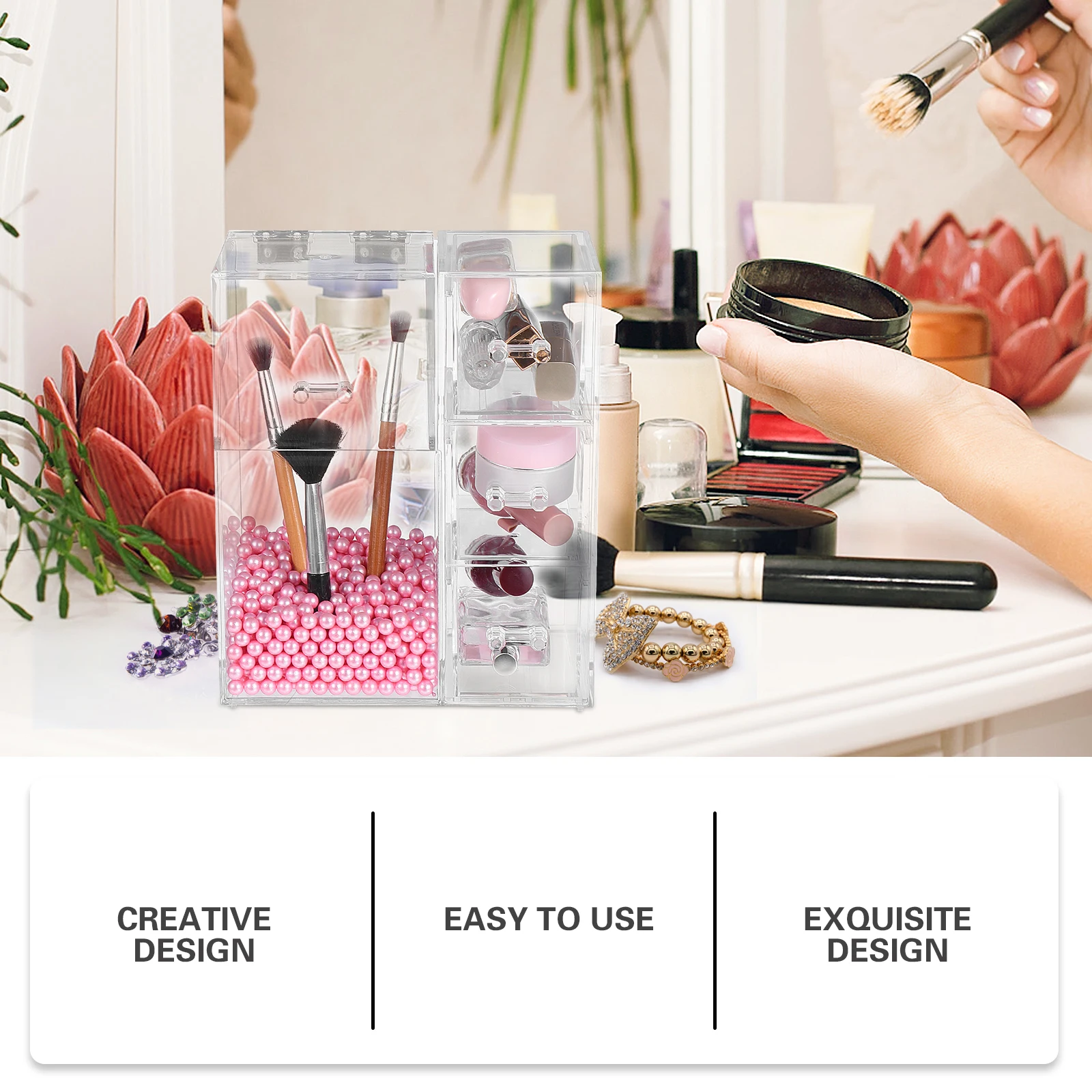 

Makeup Brush Storage Box Clear Organizer with Lids Travel Size Crystal Holder Container Pearl Box Jewellery Display