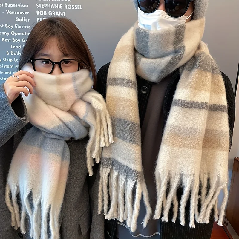 Bufanda para parejas - Bufanda a cuadros suave y resistente al viento con decoración de borlas, bufanda de invierno a rayas beige/marrón/gris, lavable a mano, sin elasticidad, unisex, bufanda cálida adecuada para clima frío