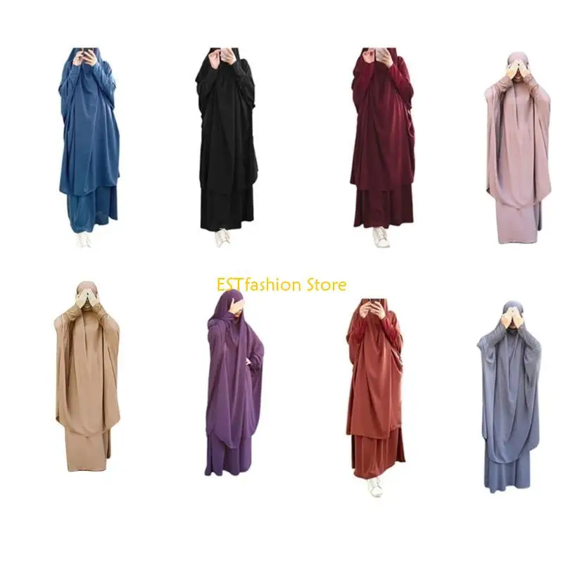Y5GC Womens 2 Pieces Muslim Prayer Dress Long Sleeve Hijab Scarf Khimar and Skirt Set Islamic Abaya Full Length Kaftan Robe