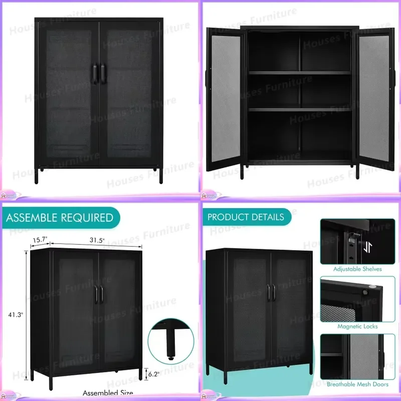 Modern Black Metal Shoe Cabinet 2 Door Storage Organizer Removable Entryway Hallway Kitchen Sideboard Furniture Home Decor