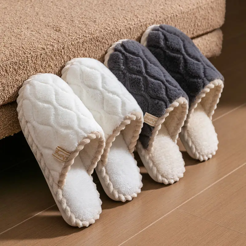 New Women Cotton Slippers House Couples Fluffy Slides Autumn Winter Solid Warm Plush Slippers Bedroom Ladies Cotton Shoes TG28