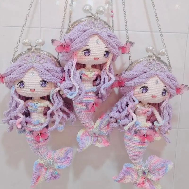 

Pure Handmade Yarn Knitting Crochet Doll Doll Dream Butterfly Mermaid Mouth Gold Bag Coin Purse Crossbody Bag Finished Product