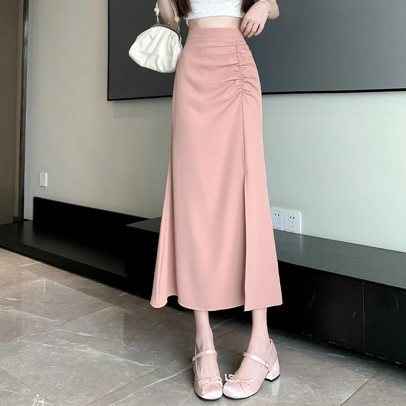 Seoulish-Jupe trapèze taille haute fendue en queue de poisson pour femme, tenue de bureau élégante et décontractée, couleur unie, nouvelle collection été 2024