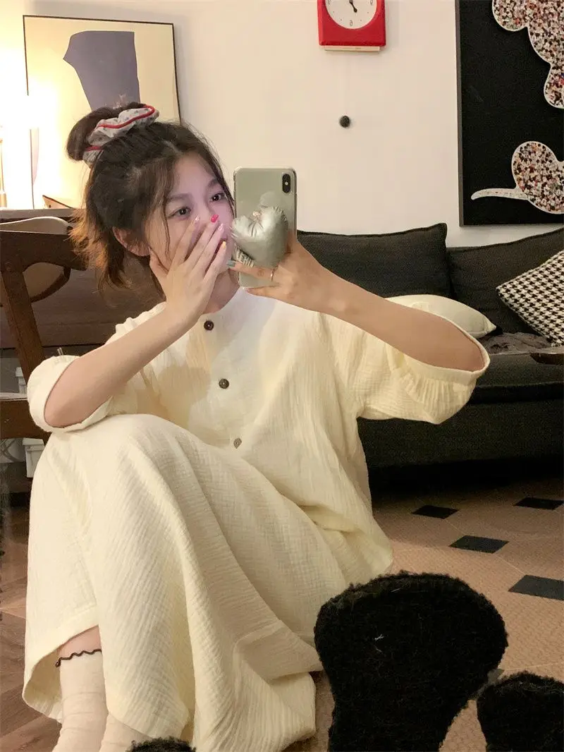 Long Nightgowns Women Elegant Chic Loose Fashion Button Design Basic Spring Soft Sleepwear Simple Schoolgirls O-neck Home Korean