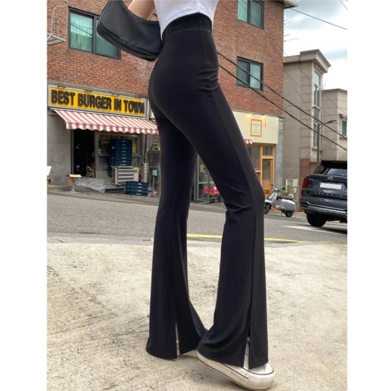Taille haute élastique coupe ajustée pantalons longs pantalon tricoté décontracté taille haute jambe fendue pantalon Long décontracté femme Faion