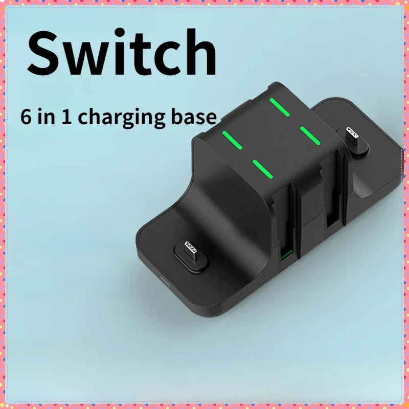 Switch Charger Dock Station 6 in 1, Oplaaddock Opbergstandaard voor Switch en Pro Controller NS Joy-Con, Zwart